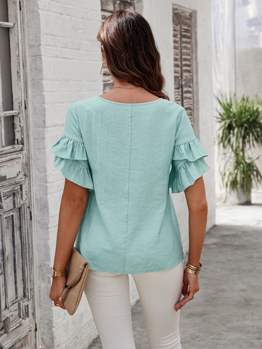 Blue Ruffle Sleeve Knit Top