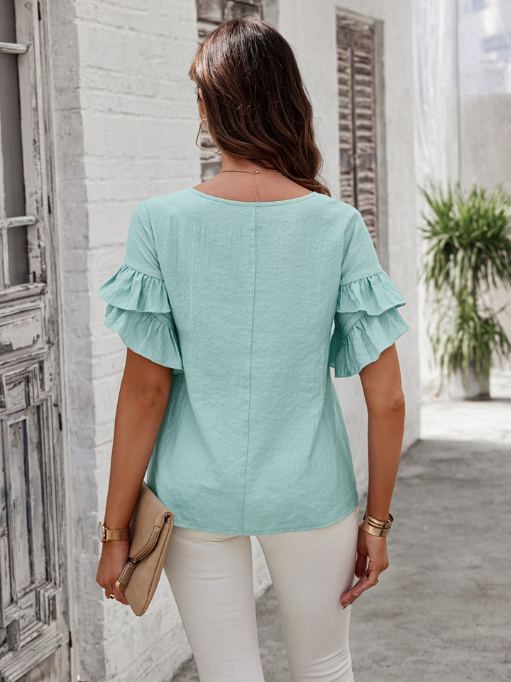 Blue Ruffle Sleeve Knit Top