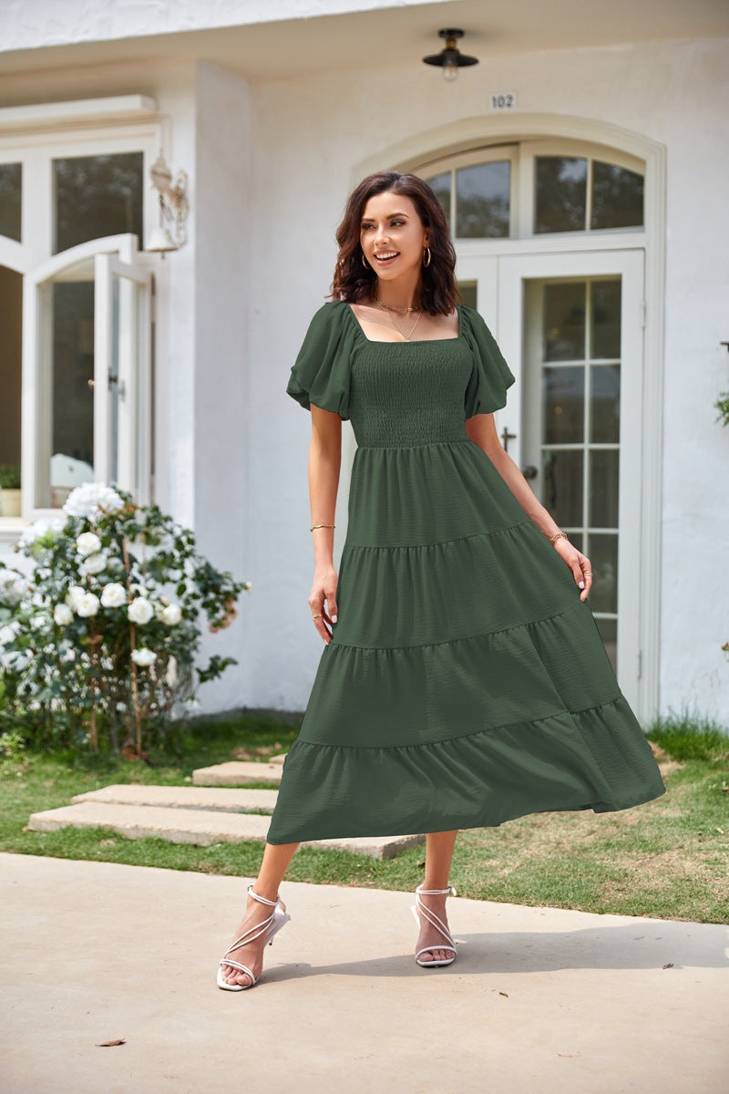 Olive Square Neck Puff Sleeved Tiered Dress
