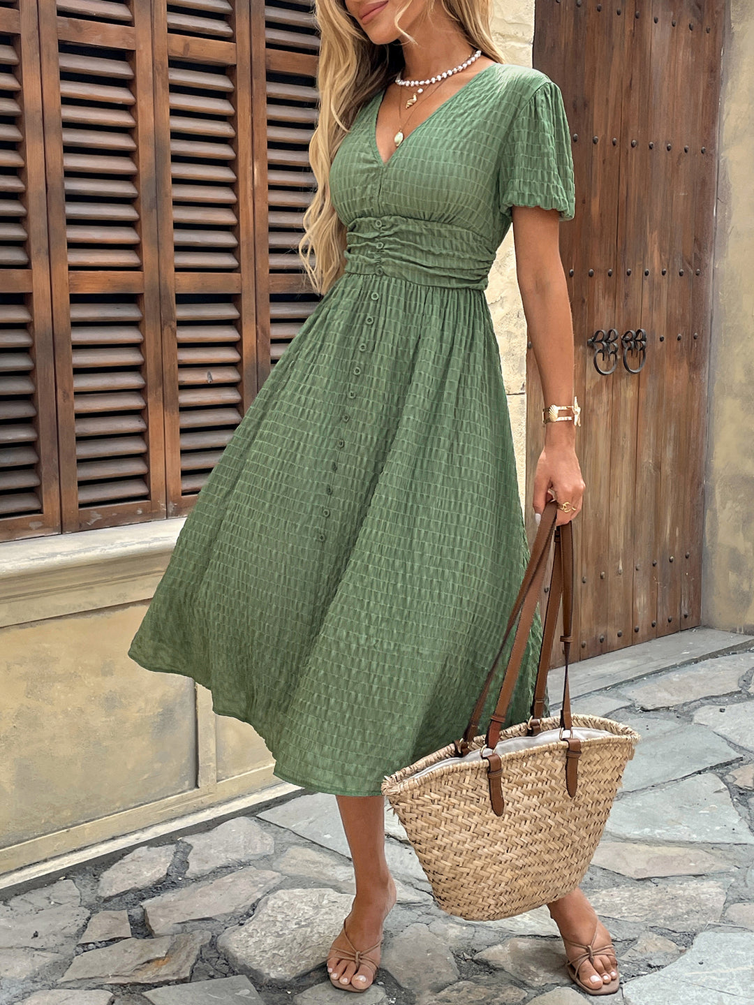 Green V-Neck Waist Detail Dress
