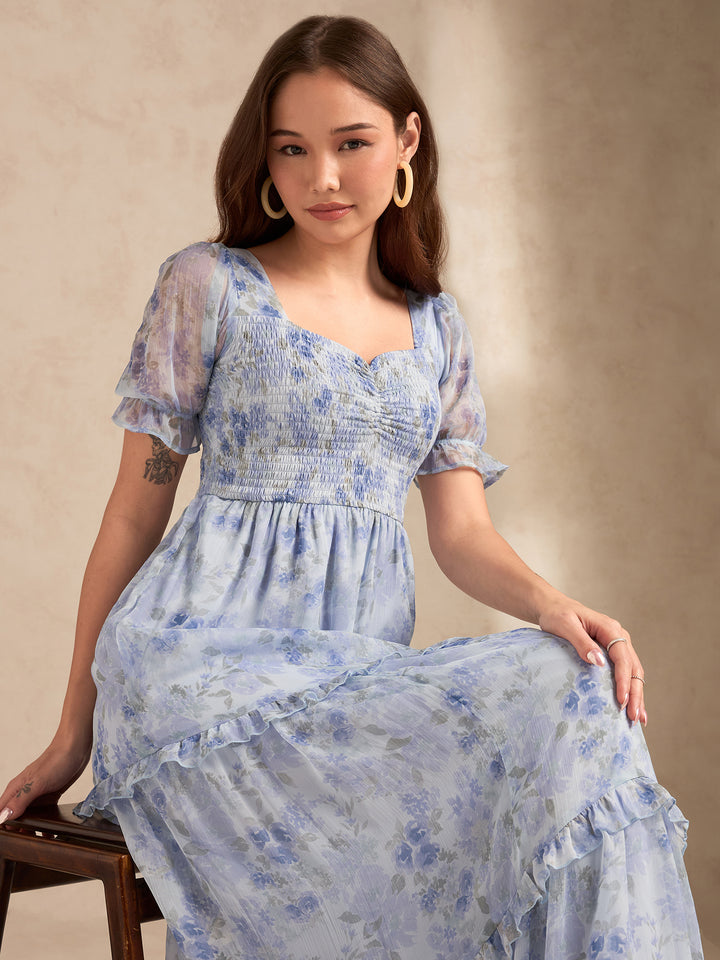 Blue Floral Printed Maxi Dress