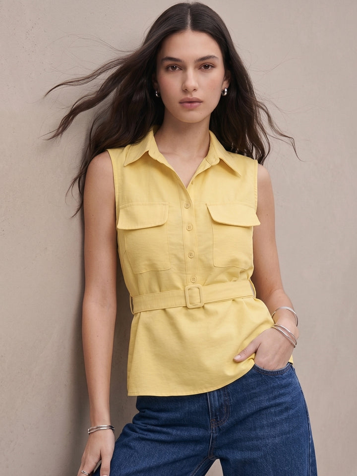 Yellow Sleeveless Waist Belted Top