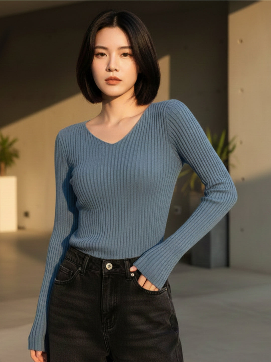 Blue Full Sleeve V Neck Fitted Top