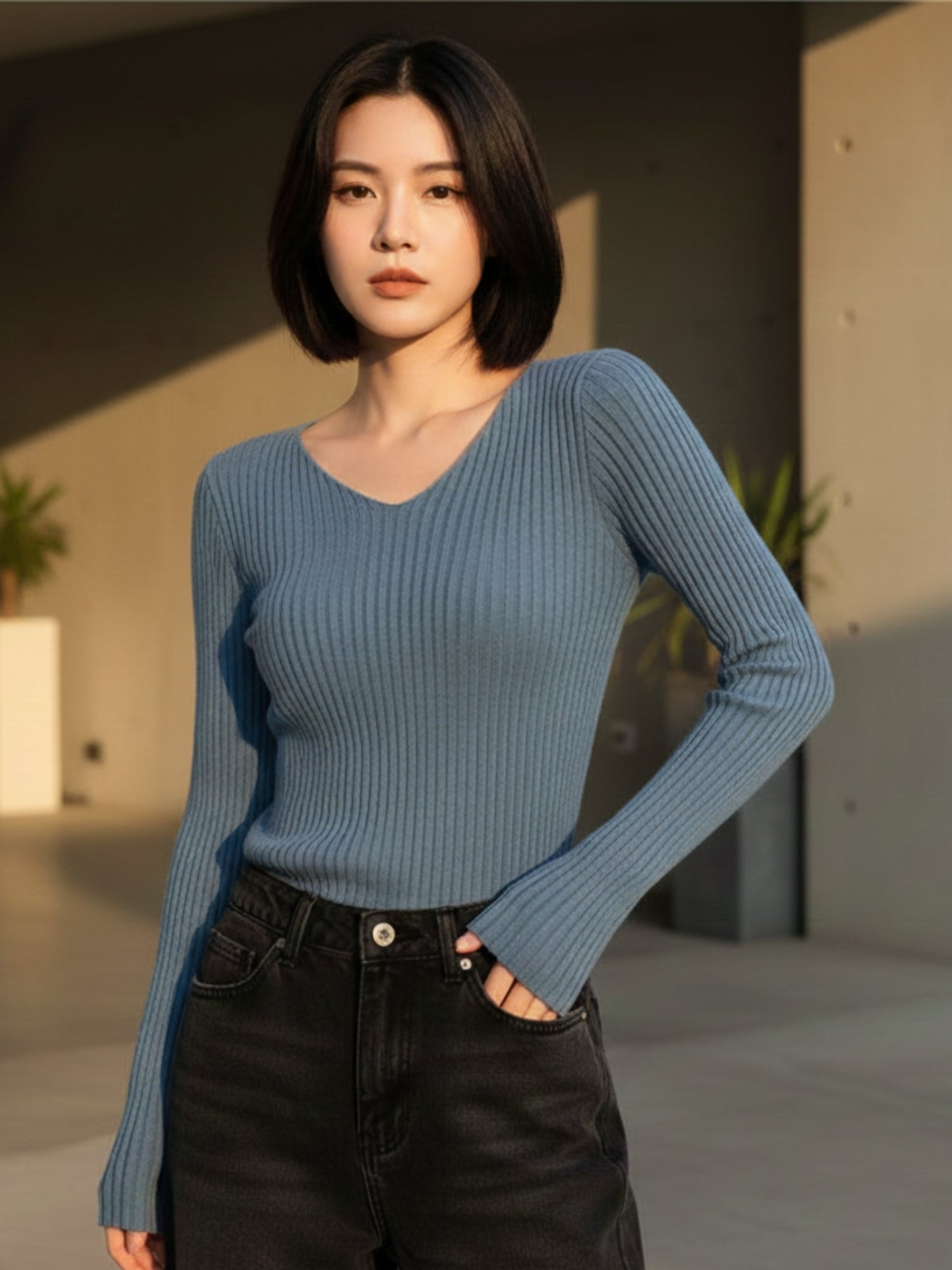 Blue Full Sleeve V Neck Fitted Top