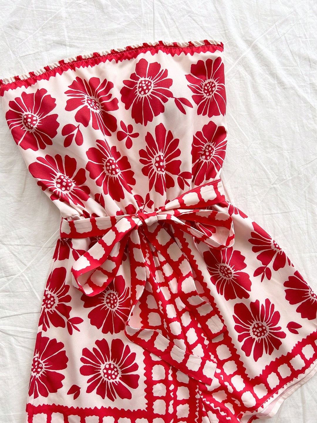 Red Printed Wrap Playsuits