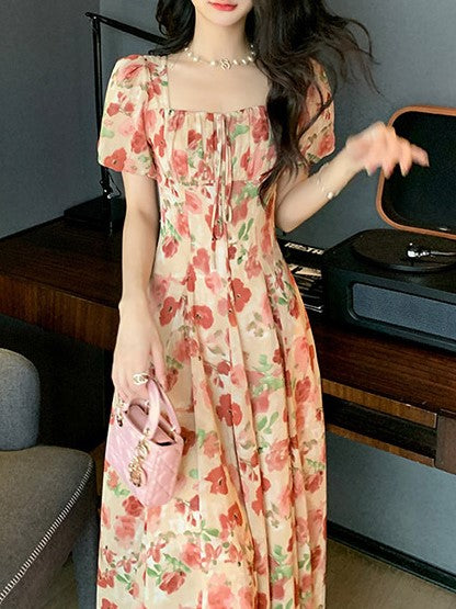 Pink Midi Dress With Puff Sleeve