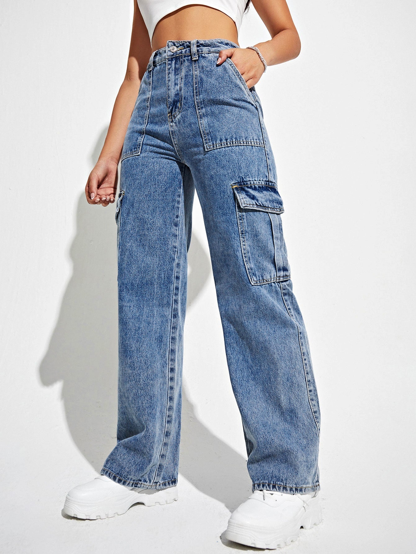 Blue Cargo Pocket Detailed Jeans