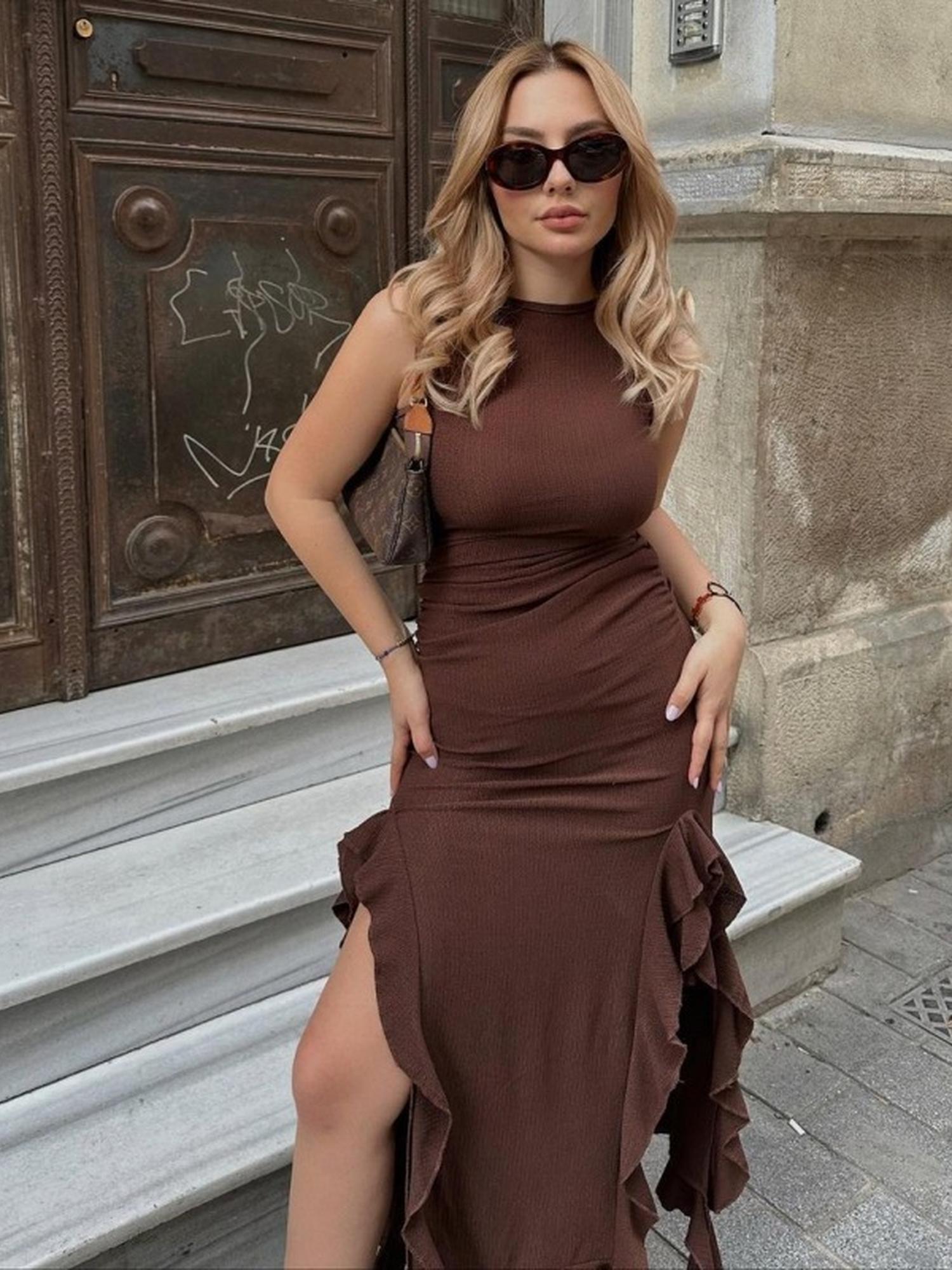 Brown Fitted Thigh Slitted Dress