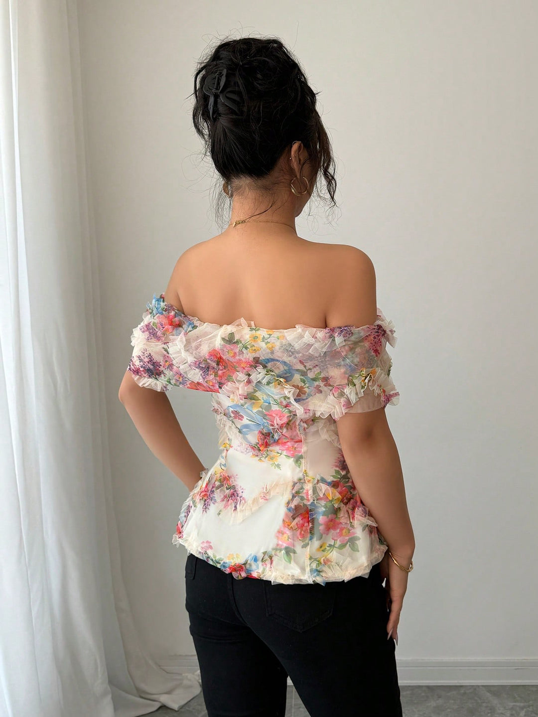 Cream Off Shoulder Floral Print Dress