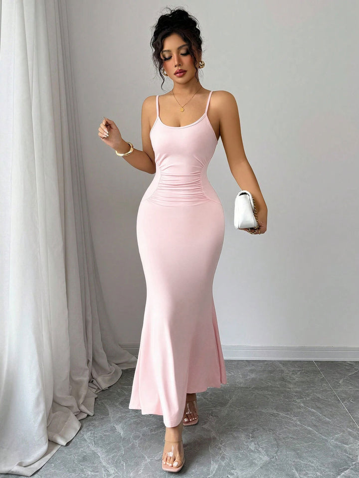 Pink Shoulder Strap Waist Ruched Dress