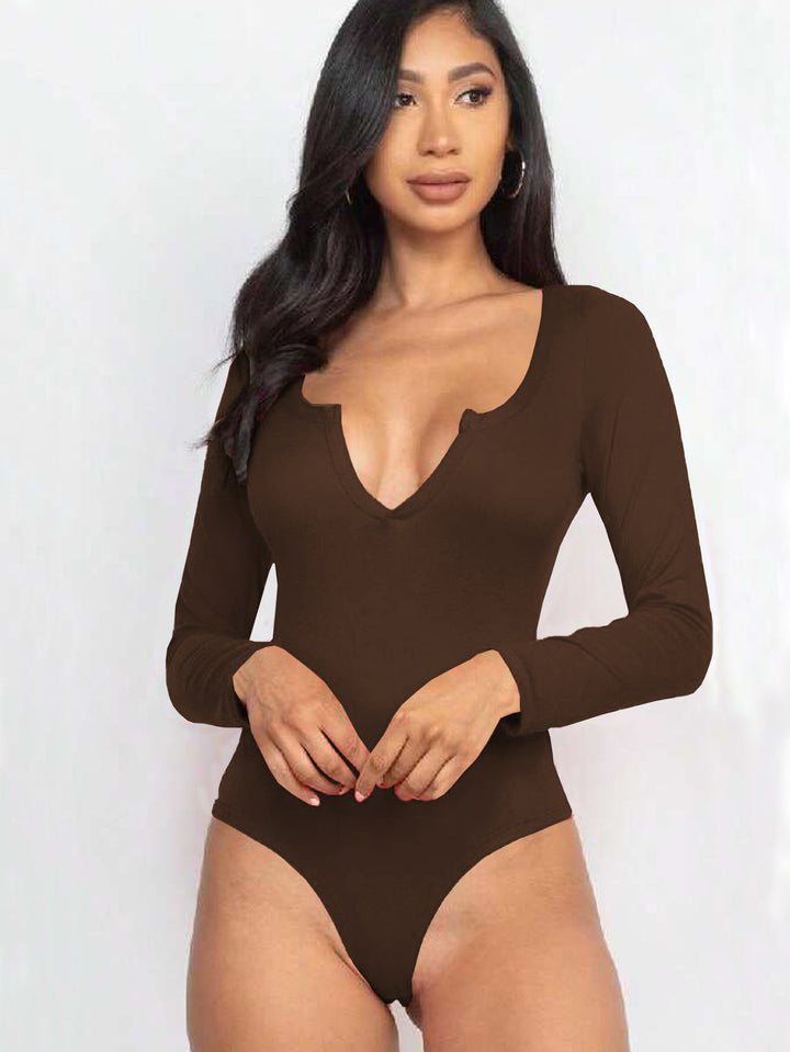Brown Full Sleeved Scoop V-Neck Bodysuit
