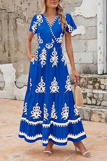 Blue Wrap Neck Contrast Coloured Printed Dress