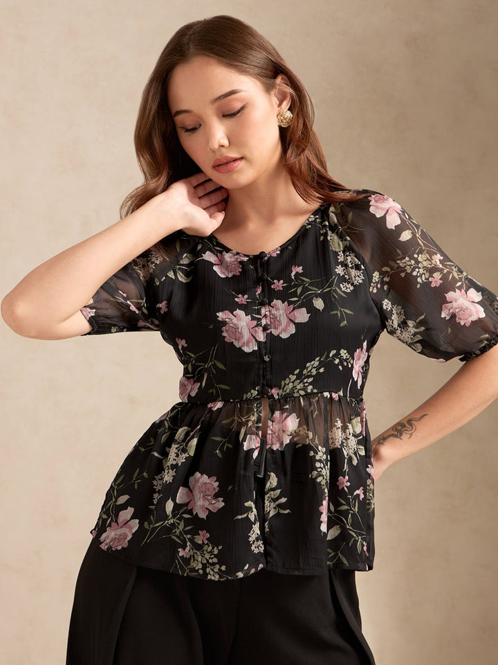 Black Floral Printed Blouse