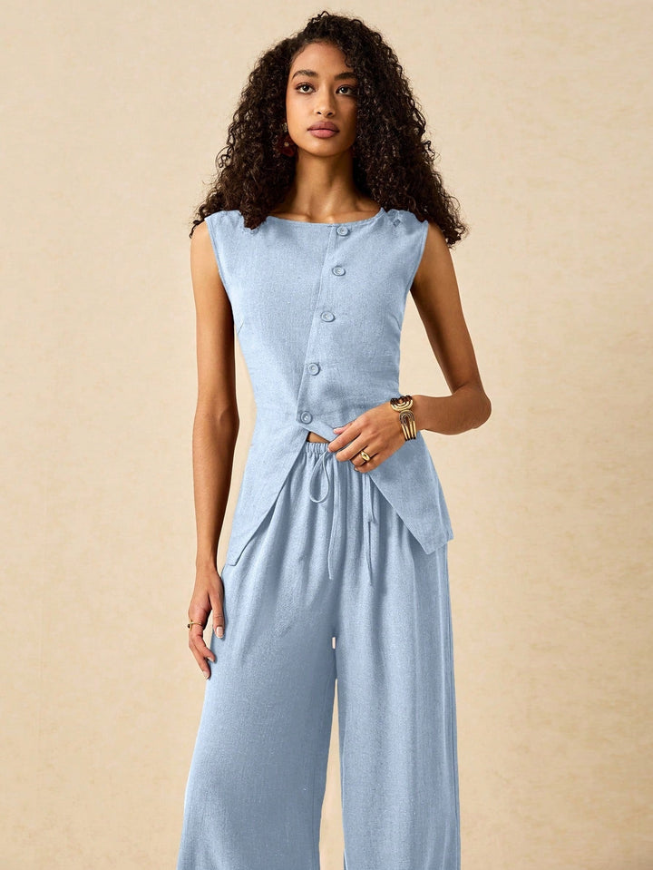 Light Blue Sleeveless Front Buttoned Vest And Pant Set