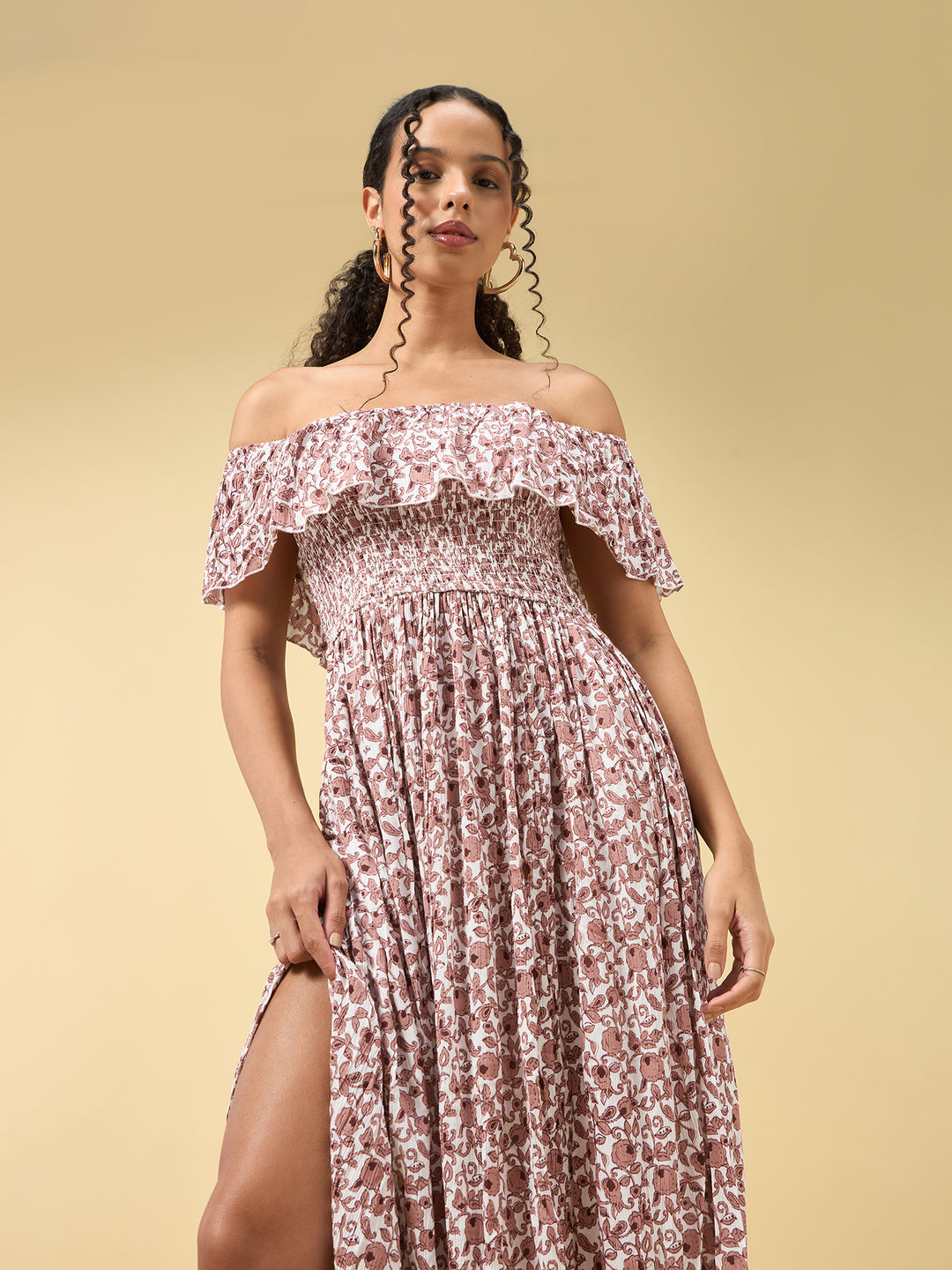 Beige Off Shoulder High Slit Dress