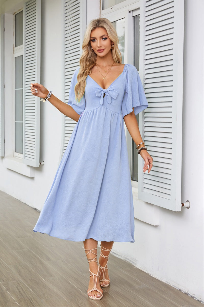 Blue Flutter Sleeved Bow Detailed Neck Dress