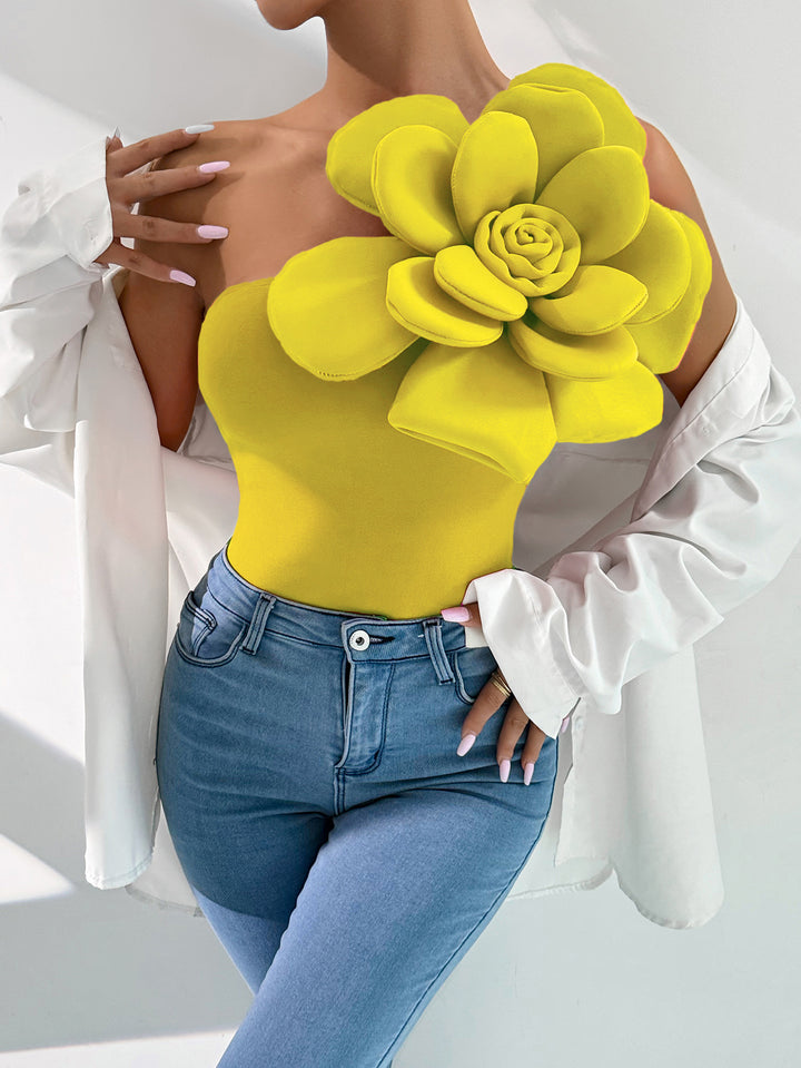 Yellow One Shoulder Flower Attached Top