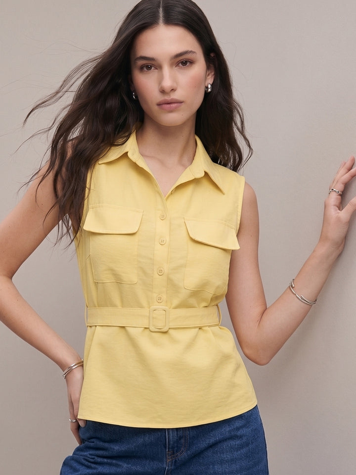Yellow Sleeveless Waist Belted Top