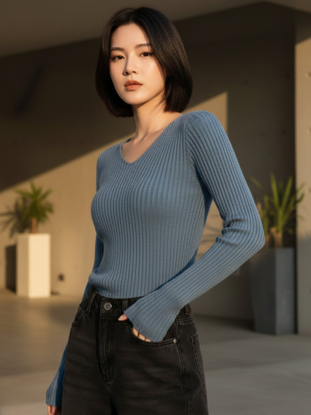 Blue Full Sleeve V Neck Fitted Top