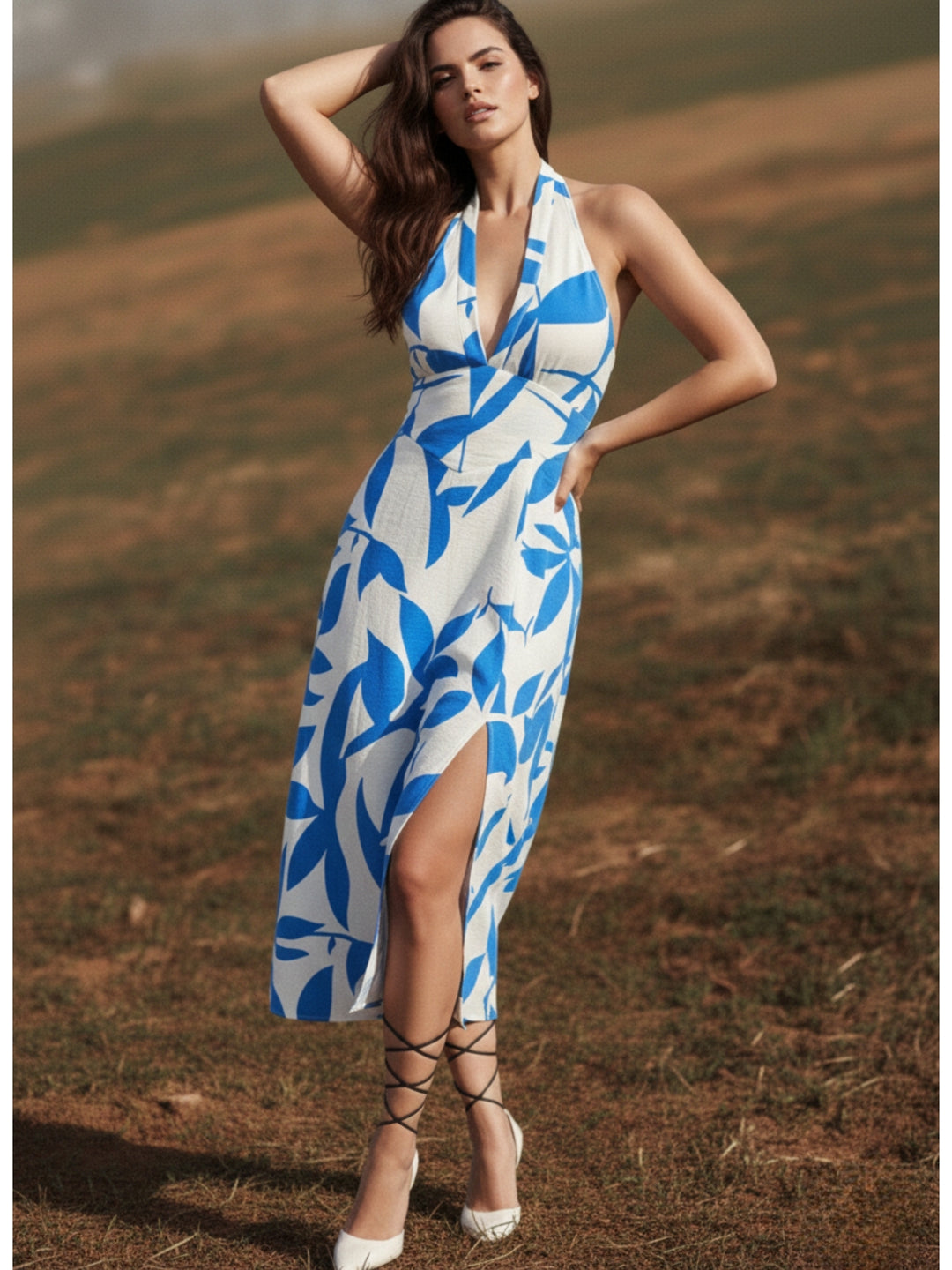 White Halter Neck Printed Flared Dress