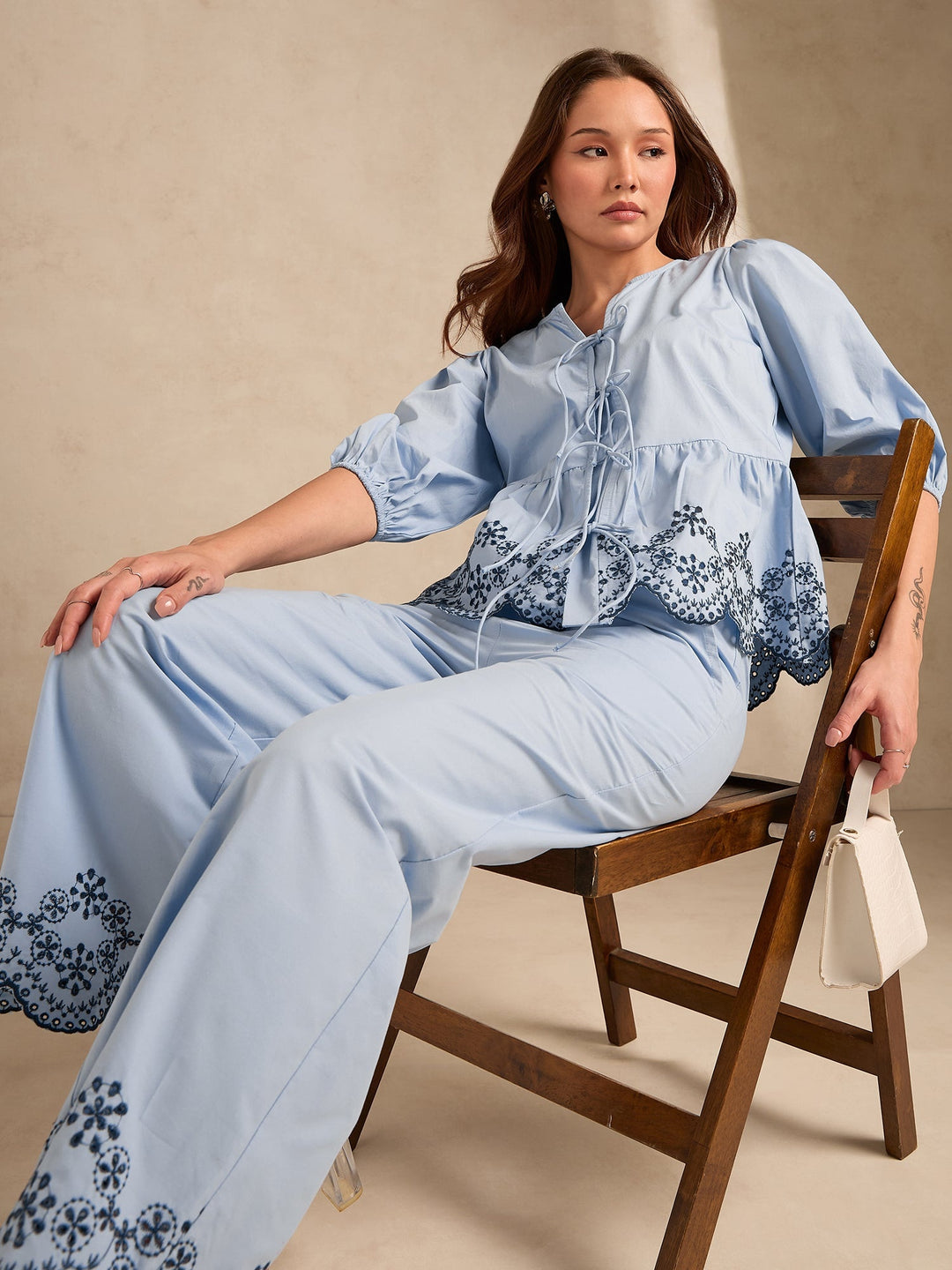 Blue Contrast Schiffli Regular Fit Shirt With Trouser