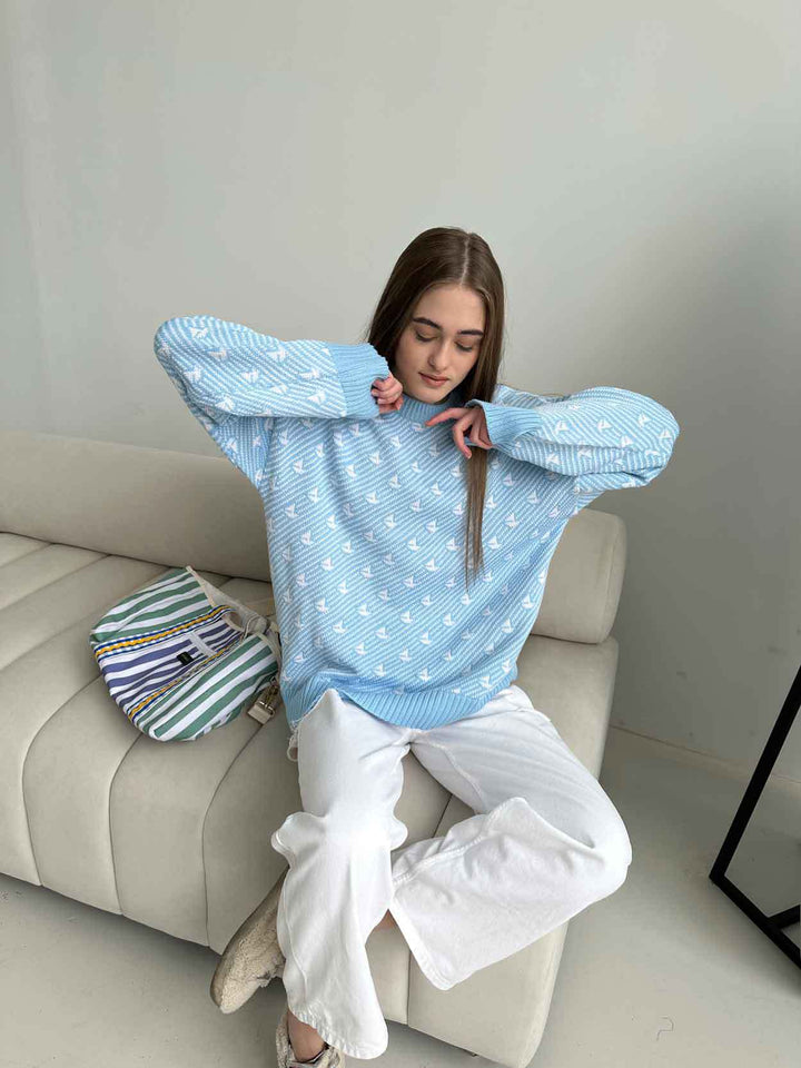 Light Blue Printed Relaxed Sweater