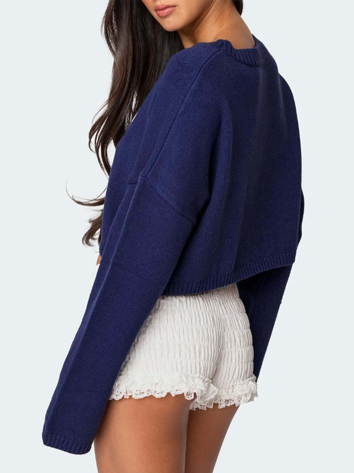 Navy Blue Full Sleeves Printed Relaxed Sweater