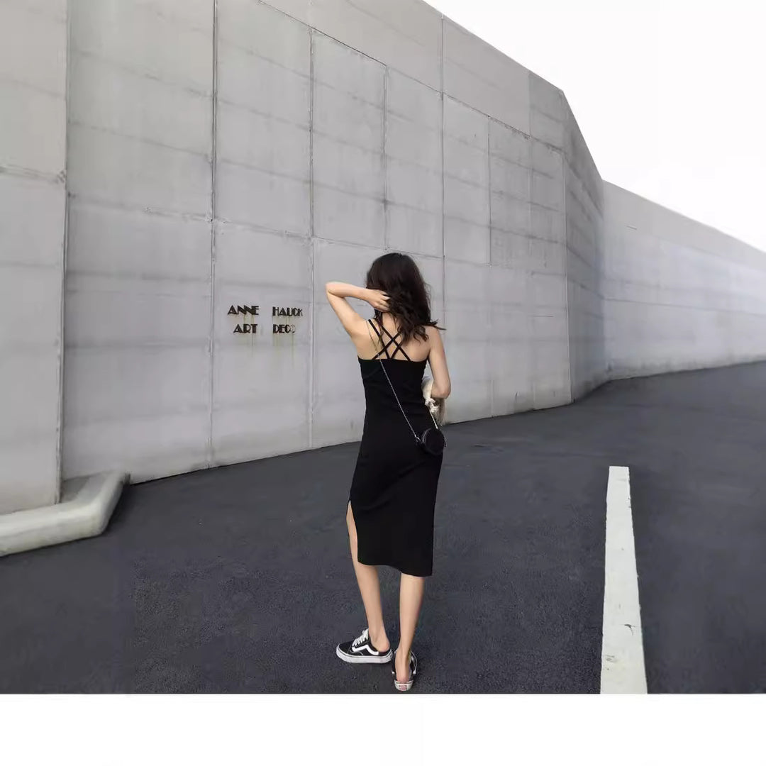 Black U Neck Back Strap Fitted Dress