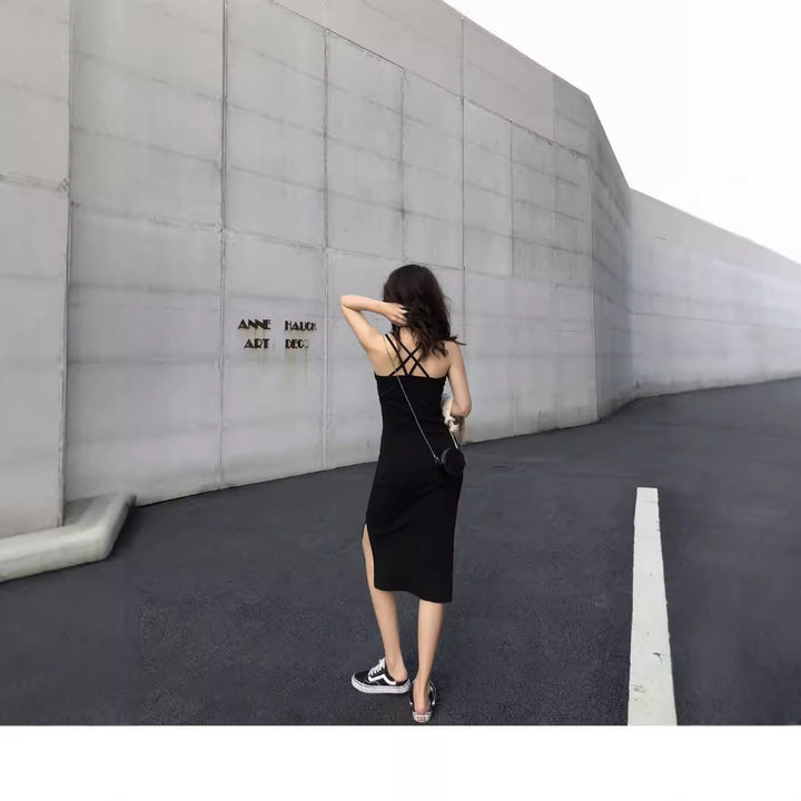 Black U Neck Back Strap Fitted Dress