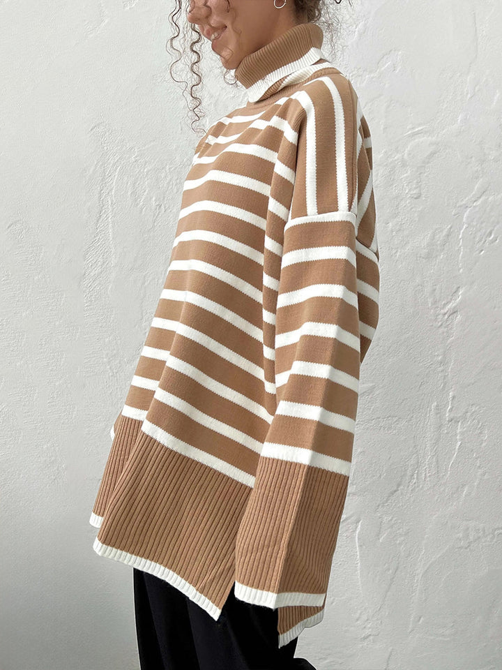 Khaki Turtle Neck Striped Sweater