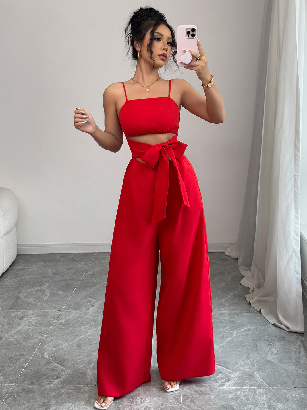 Red Strappy Cut Out Jumpsuit