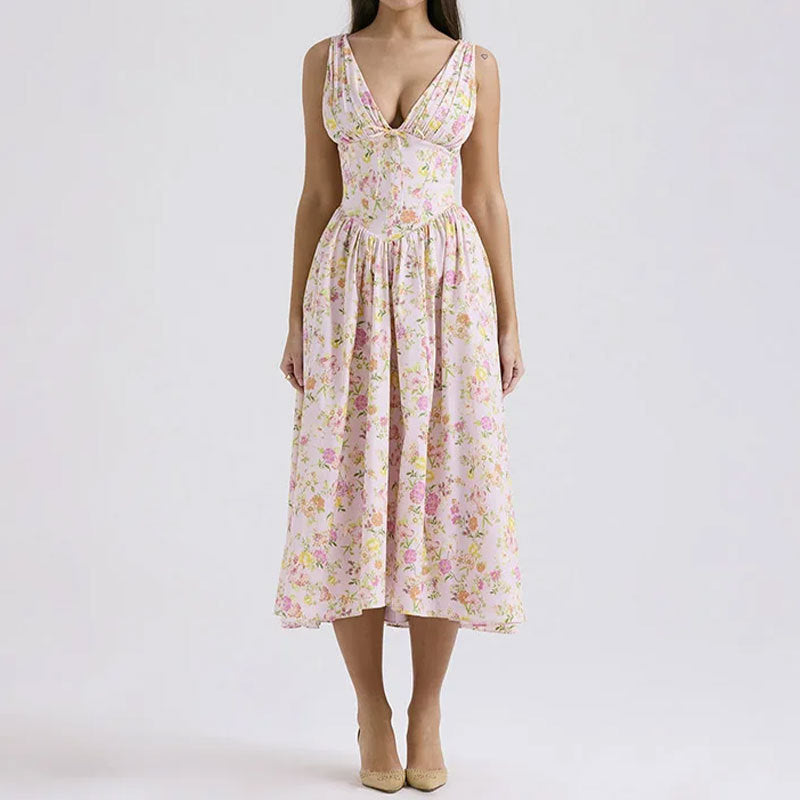Pink V Neck Corset Flared Dress