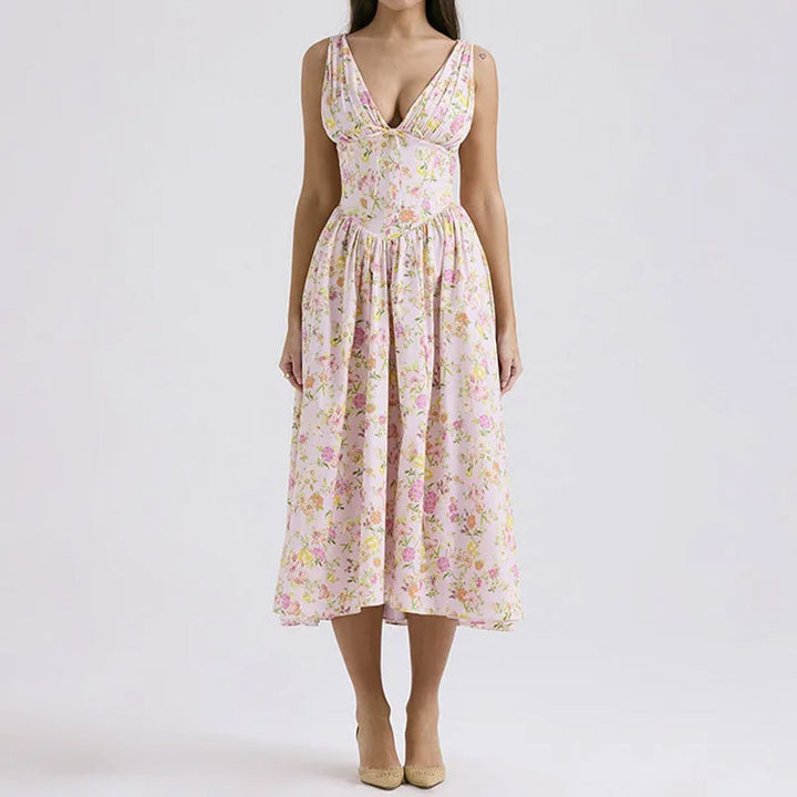 Pink V Neck Corset Flared Dress
