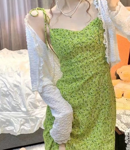 Green Shoulder Tie Up Front Slit Midi Dress