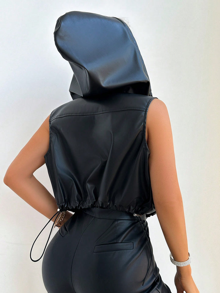 Black Sleeveless Double Pocket Drawstring Leather Jacket
