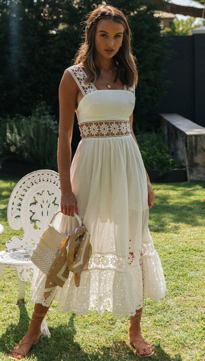 White Lace Inserts Solid Dress