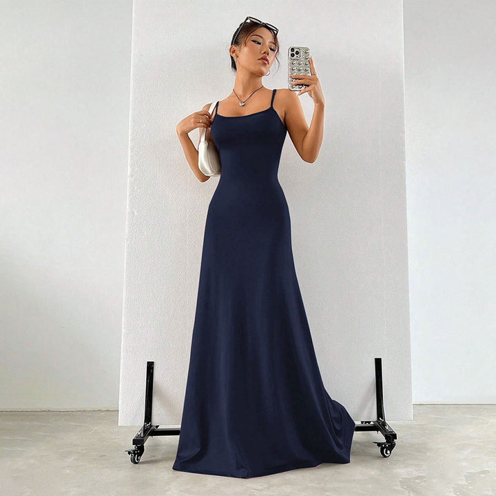Navy Blue Shoulder Strap Flared Dress