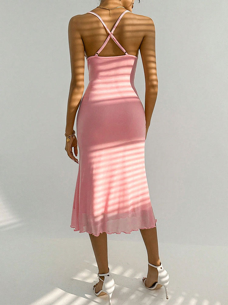 Pink Strappy Cowl Mesh Dress