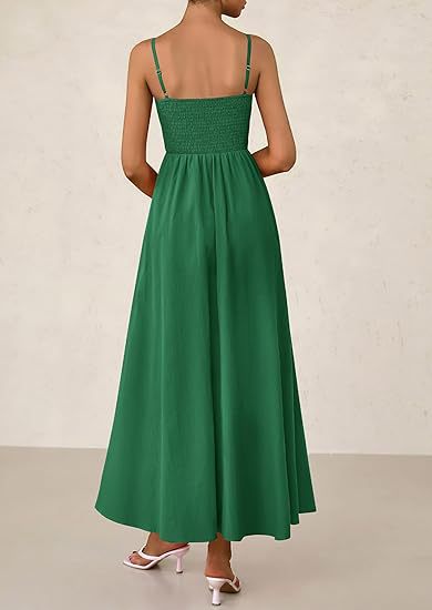 Green Strappy Square Neck Cinched Waist Dress With Pockets
