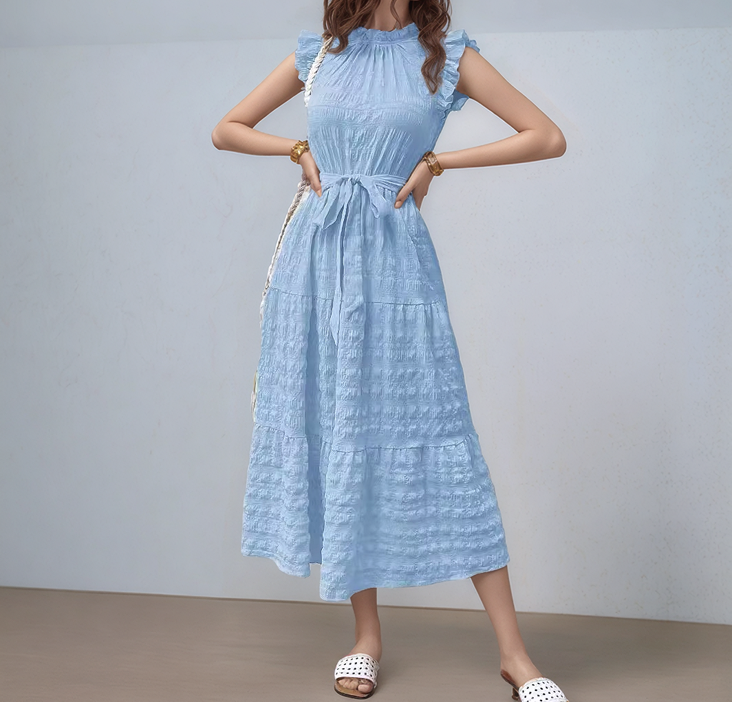 Blue Short Ruffle Sleeve Mock Neck Dress