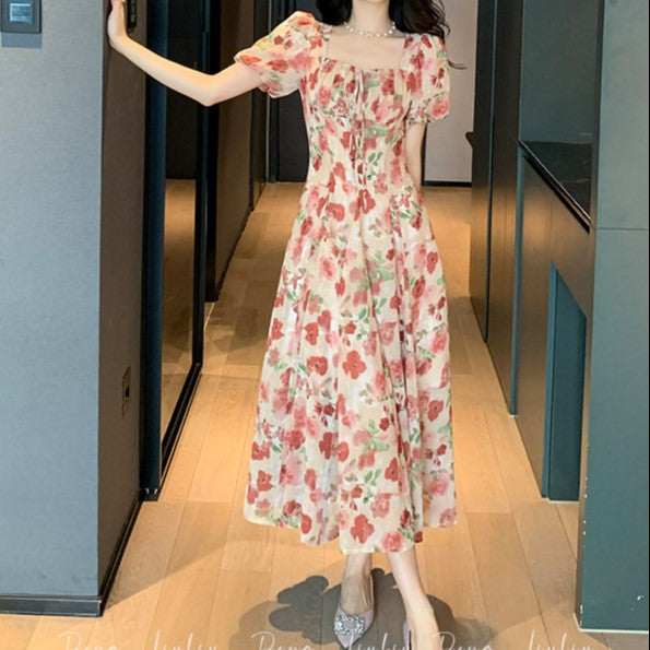 Pink Midi Dress With Puff Sleeve