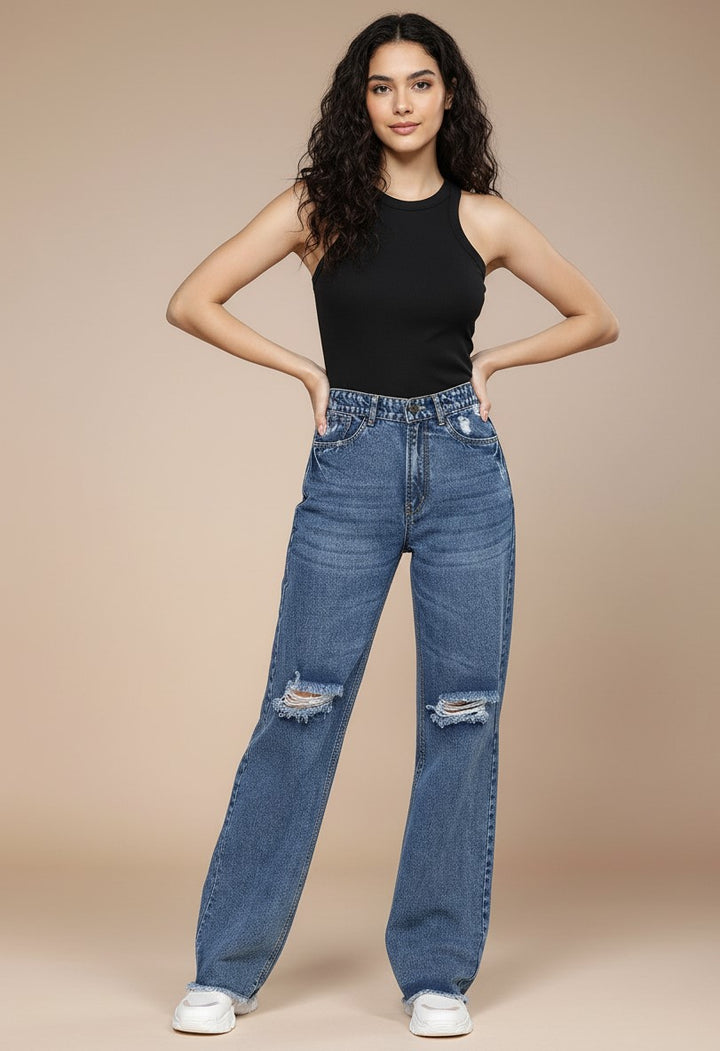 Blue High Waist Distress Effect Wide Leg Jeans