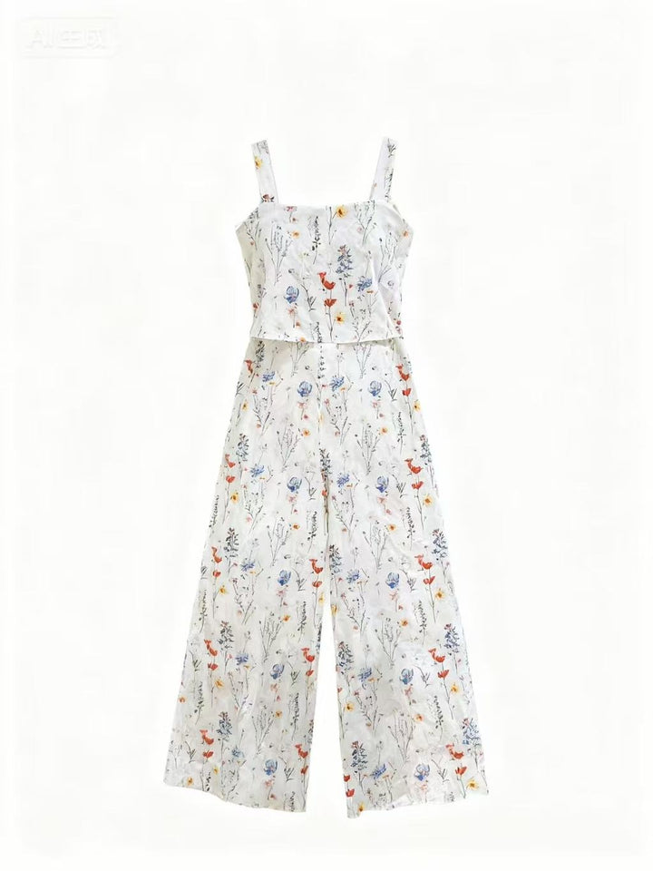 Cream Shoulder Strap Printed Jumpsuits