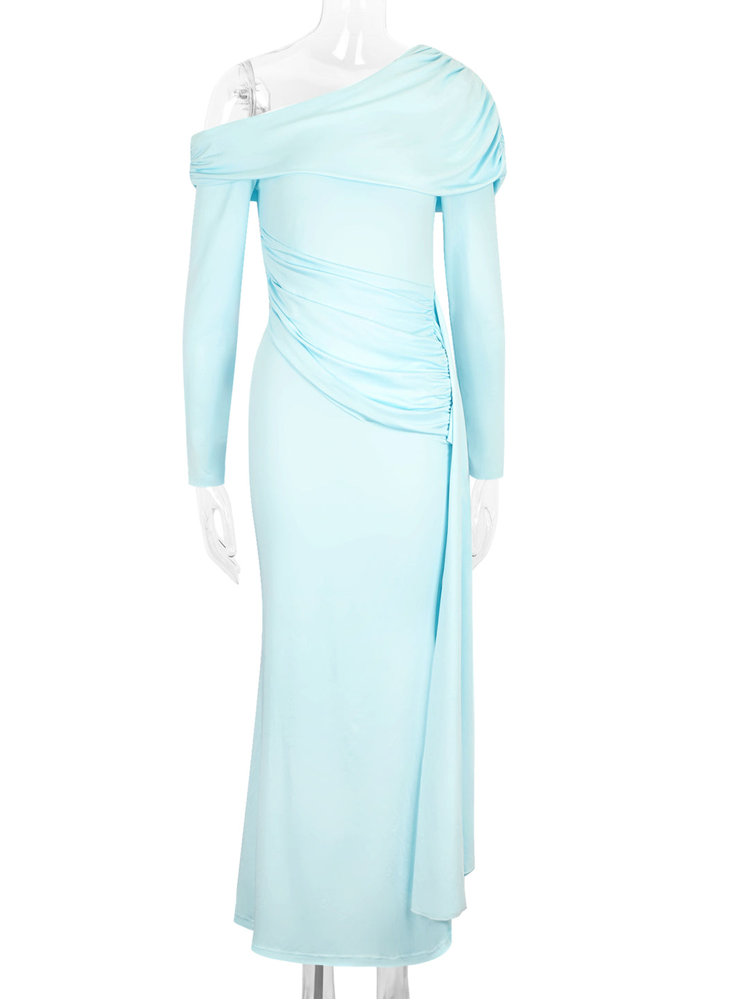 Blue One shoulder cowl neck side wrap dress