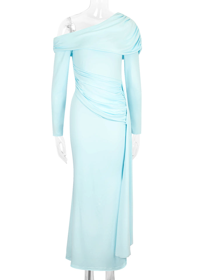 Blue One shoulder cowl neck side wrap dress