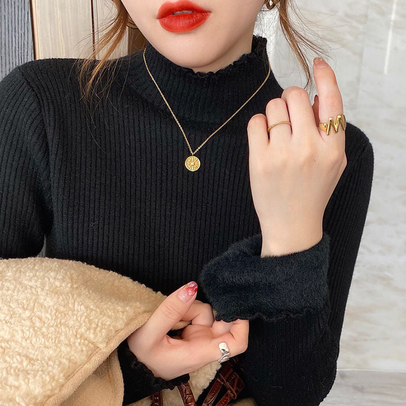 Black Full Sleeve Scallop Hem Mock Neck Fitted Sweater