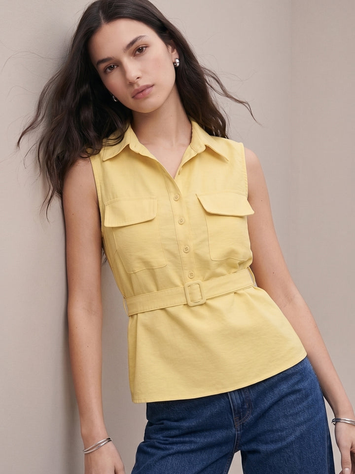 Yellow Sleeveless Waist Belted Top