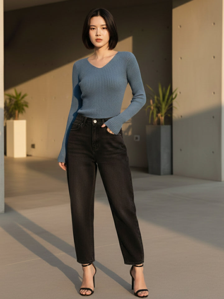 Blue Full Sleeve V Neck Fitted Top