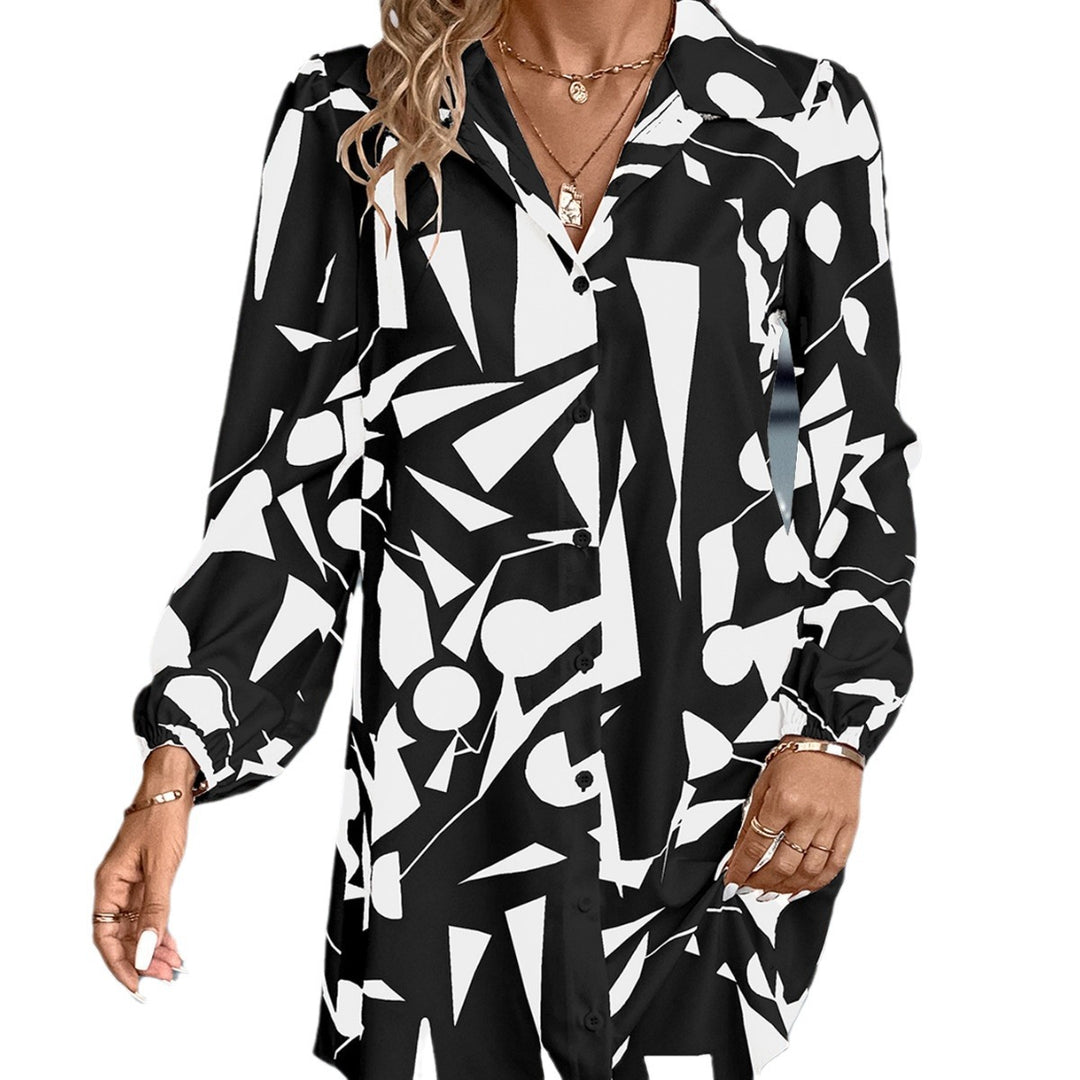 Black Bishop Sleeve Collared Neck Printed Dress