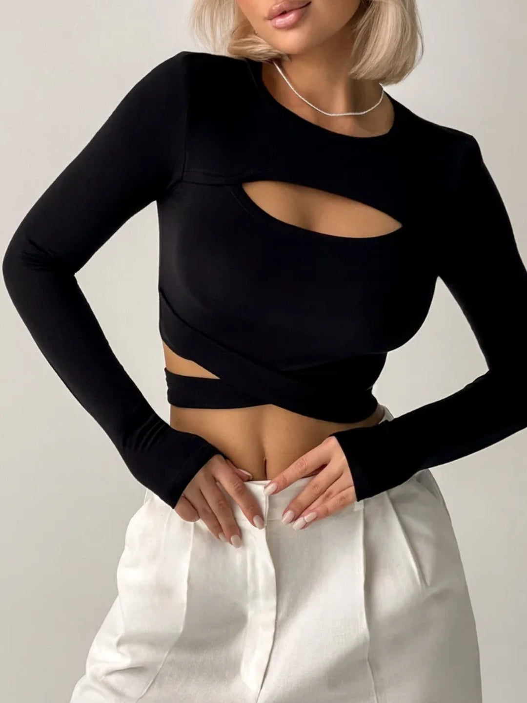 Black Full Sleeve Cut-Out Detail Back Tie-Up Top